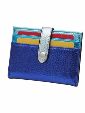 Metallic Blue Faux Leather Bi-Fold Snap Cardholder Wallet New